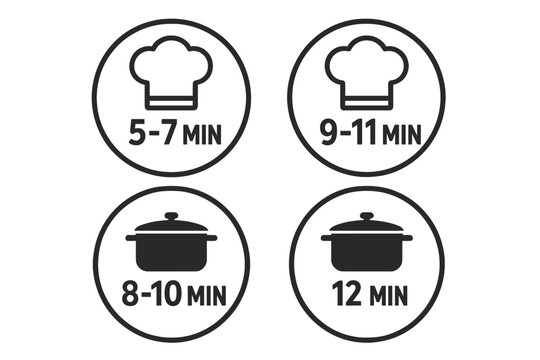 Cooking time instructions vector icon set. Recommended preparation time in minutes for food packaging. Chef hat and pan symbols for boiling. Flat design label stamp.