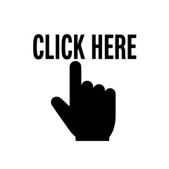 Obraz premium Click here sign with hand gesture in black and white design 