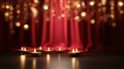Elegant oil lamps illuminate festive setting, surrounded by warm glow of lights and rich red drapery. This scene captures essence of celebration and joy