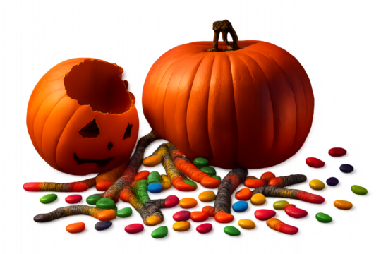 Halloween Candy Spill on transparent Background with Pumpkin