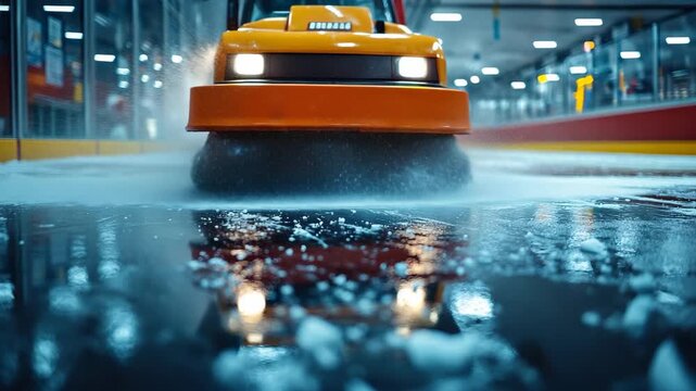 An orange zamboni meticulously coats the ice with water, transforming the surface into a flawless layer for skaters. The rink is illuminated, casting reflections on the icy floor.