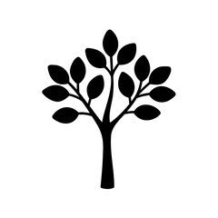 Obraz premium Black silhouette icon of leafy tree-Minimal black and white illustration of a tree with leaves, representing nature, ecology, growth, environment, sustainability, and outdoor life.