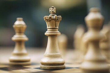 A wooden king chess piece stands prominently on a checkered board, with blurred pawns in the background.
