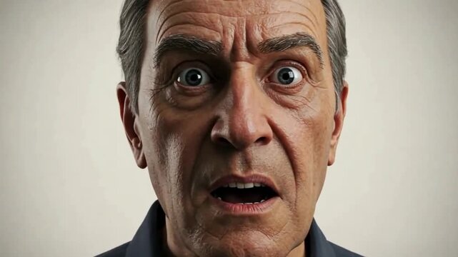 Closeup of an older mans face with wide startled eyes and an open mouth