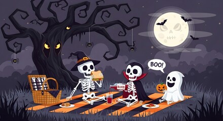 Three cartoon characters skeleton vampire ghost enjoying a spooky Halloween picnic under a full moon
