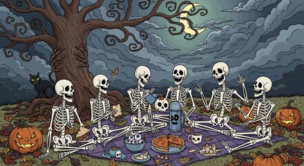 Skeletons having a picnic on Halloween night under a spooky tree and moon