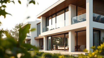 Fototapeta premium Contemporary residential architecture with clean lines, large windows, and soft natural light.