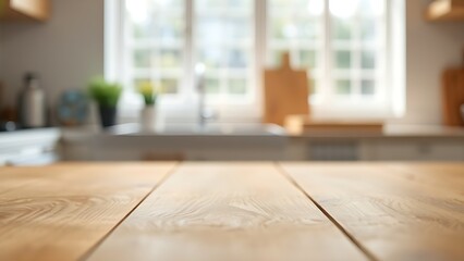 Fototapeta premium A close-up of a wooden table with soft bokeh and minimalist kitchen aesthetics.
