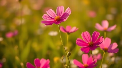 Fototapeta premium A field of bright cosmos flowers bathed in warm sunlight, creating a dreamy and vibrant scene.
