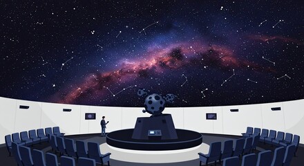 Planetarium Interior with Seating and Star Projector Displaying Colorful Starry Sky