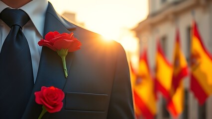 A red carnation pinned on a navy blue jacket, sunlight filtering through with Spanish flags in the background.