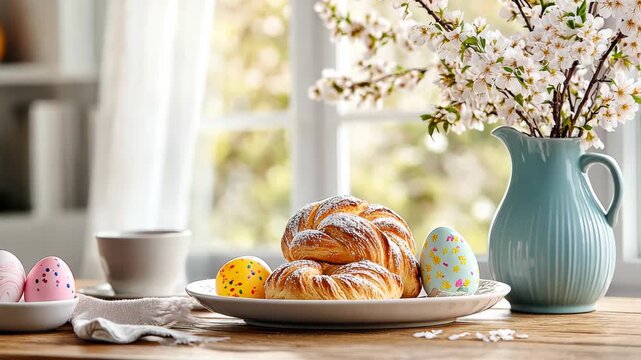 Spring brunch setting with pastries, easter eggs, and blossoming branches on a sunny tabletop