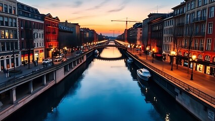 A serene canal at dusk with colorful reflections, capturing the beauty of a watercolor cityscape.