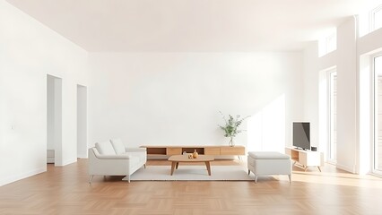 Fototapeta premium Minimalist living room with white walls and wooden floors, bathed in natural light.