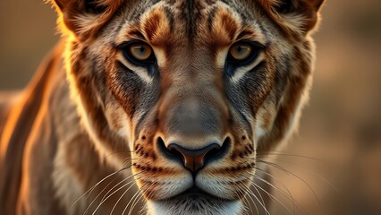 Obraz premium Intense close-up of a lioness with golden savanna light accentuating her detailed fur and piercing gaze.