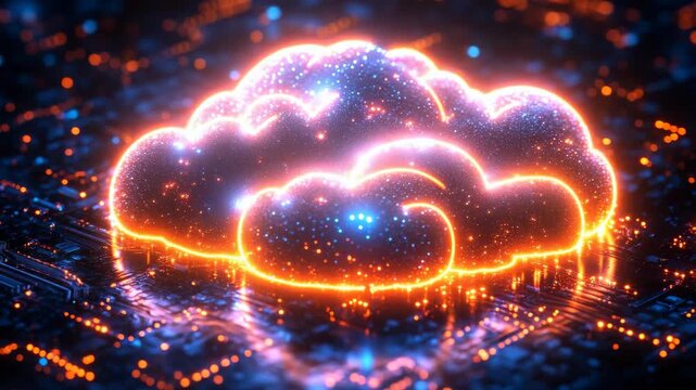 Dynamic lights pulse and shimmer within a digital landscape, illustrating a captivating cloud formation that symbolizes connectivity and technological innovation in a nighttime setting.