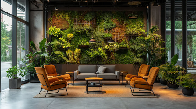 Modern Office Lounge with Living Wall: A stylish and inviting modern office lounge featuring a striking living wall, comfortable seating, and a welcoming atmosphere. - Powered by Adobe