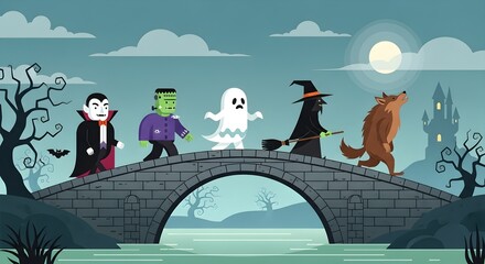 Halloween characters including a vampire Frankenstein ghost witch and werewolf crossing a stone bridge under a full moon