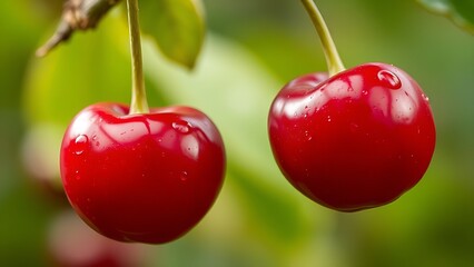 A close-up of a ripe cherry with water droplets, vibrant red against a softly blurred background.