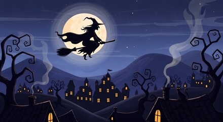 Silhouette of a witch on a broomstick flying across a large full moon over a spooky village at night