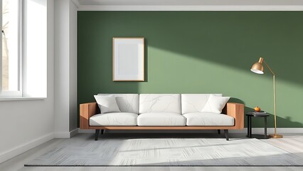 Contemporary living space with a green accent wall, modern furniture, and uncluttered aesthetic.