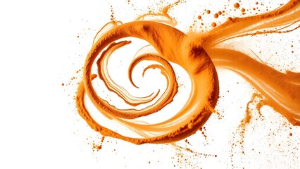 Swirling cinnamon powder vortex on white backdrop, frozen in motion with warm tonal contrast.