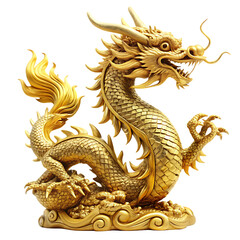 Chinese golden dragon statue isolated on white background PNG.AI Generated.