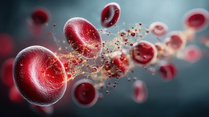 Medical illustration of red blood cells in the bloodstream with iron molecules