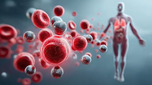 Medical illustration of red blood cells in the bloodstream with iron molecules