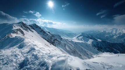 Obraz premium Snowy mountain landscape under blue sky, wide view, bright sunlight, perfect winter scene