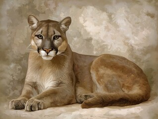 Naklejka premium Realistic illustration of a majestic mountain lion resting gracefully on a soft background, showcasing its powerful physique and captivating gaze in a serene environment