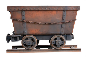 Rusty mine cart on tracks isolated on a transparent background