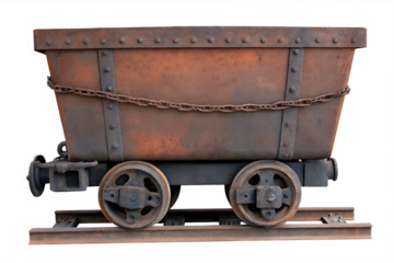 Rusty mine cart on tracks isolated on a transparent background