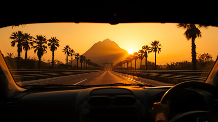 Dynamic Interior View Road Trip at Golden Sunset with Palm Trees