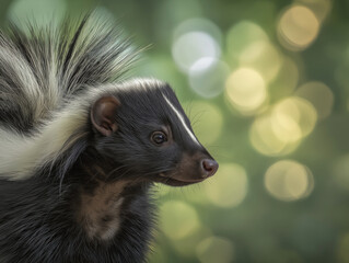 Striped skunk with distinctive black and white fur stands in a natural setting, showcasing its unique features and vibrant environment, highlighting wildlife beauty and behavior