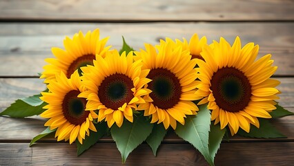 Sunflowers arranged on a rustic wooden surface with warm natural lighting.