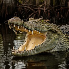 Obraz premium Menacing crocodile exhibiting its formidable teeth in a murky swamp environment