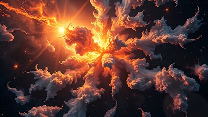 Cosmic explosion forms fractal patterns rewriting into new equations, embodying theoretical physics.