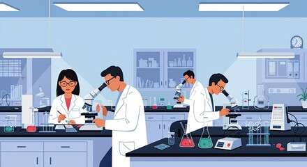 Scientists Working with Microscopes in Clean Modern Lab