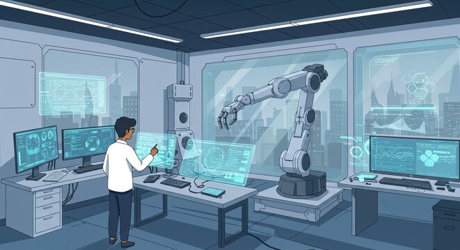 Male Scientist Interacting with Robotic Arm in Modern Futuristic Lab