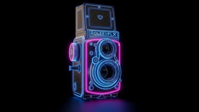 Neon Retro Twin Lens Reflex Camera - A 3D video of a vintage Rolleiflex camera outlined in vibrant neon blue and pink against a black background.