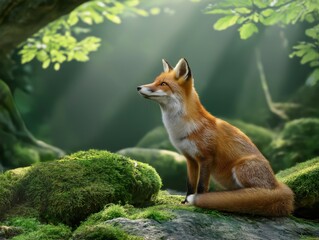 Red fox sitting gracefully on moss-covered rocks in a serene forest, surrounded by lush greenery and soft sunlight filtering through the trees, showcasing natural beauty and wildlife