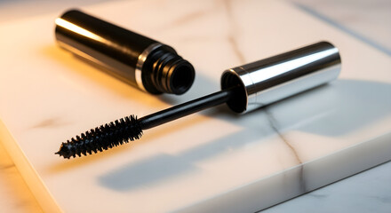 Naklejka premium Mascara tube with brush on marble surface