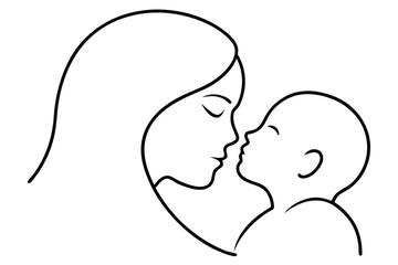 continuous line drawing of mother kissing her new