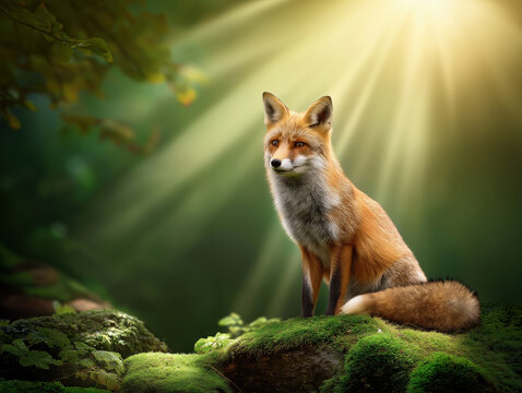 Red fox sitting gracefully on moss-covered rocks, illuminated by soft sunlight filtering through lush green foliage, showcasing the beauty of wildlife in a serene natural environment