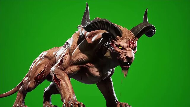 Dynamic Ferocious Wounded Fantasy Beast Roaring with Dripping Blood on Green Screen for VFX