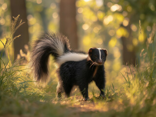 Striped skunk walking through a sunlit forest path, surrounded by tall grass and soft bokeh, showcasing its distinctive black and white fur in a natural habitat