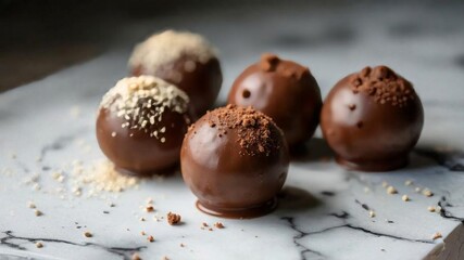 AI-Generated Handcrafted Chocolate Truffles Collection: Gourmet Confections with Cocoa Powder and Nut Toppings on Marble Surface with Selective Focus Photographyacorns on a wooden table