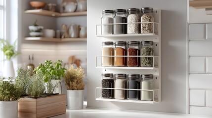 Minimalist kitchen wall spice rack with labeled jars