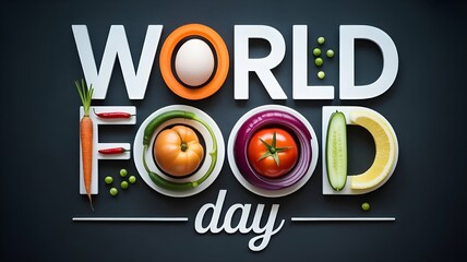Creative typography spelling world food day with fresh vegetables and fruits forming the letters, highlighting the importance of nutrition and global food awareness